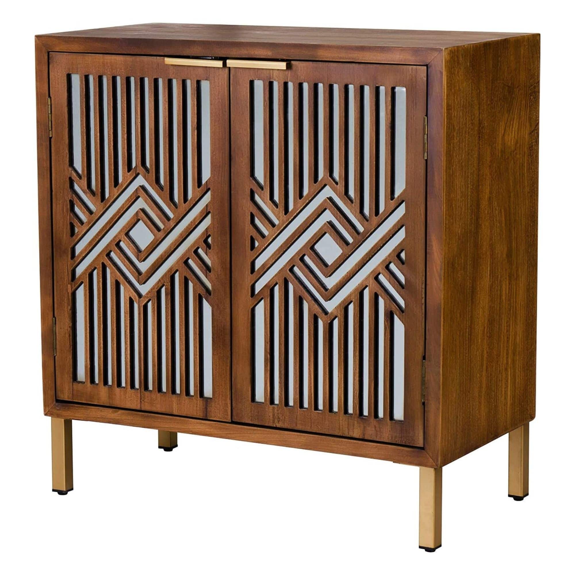 COZAYH - 2 Door Modern Accent Cabinet Mirror Front Storage Sideboard, Metal - Wood