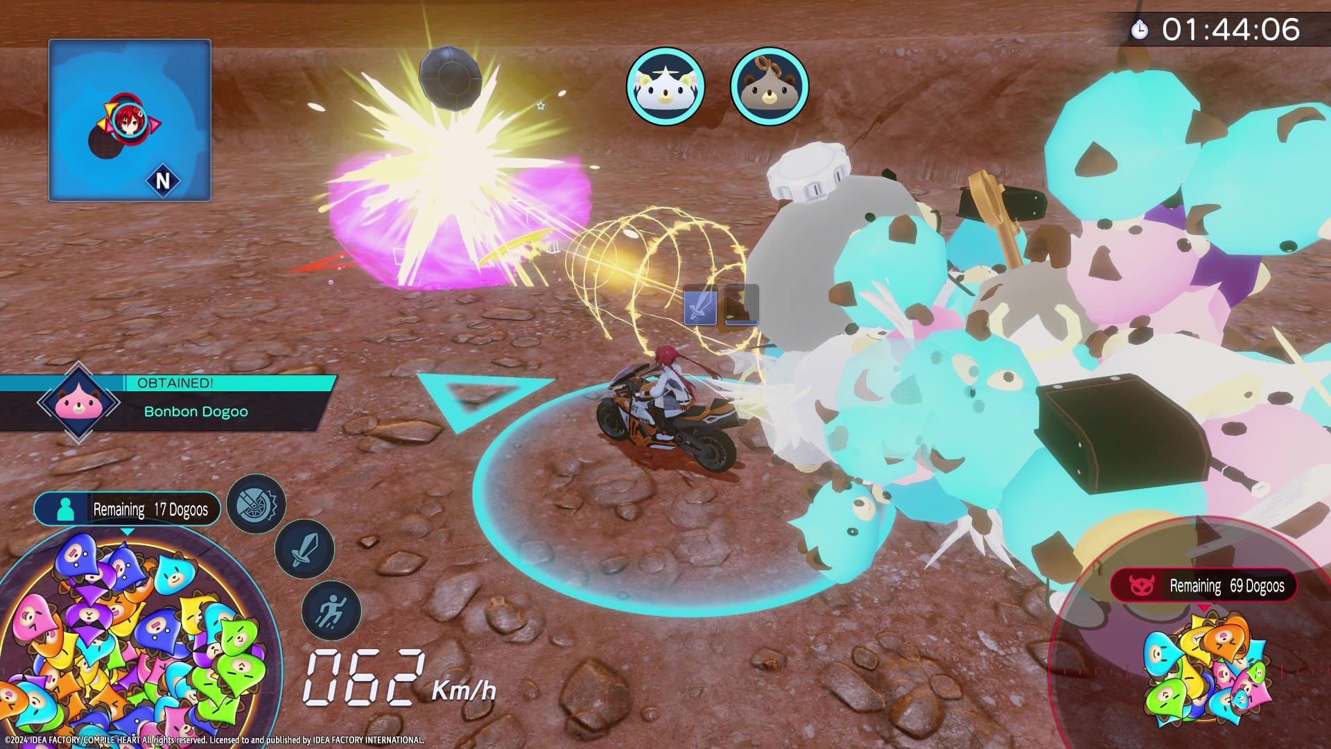 The text on the image reads: "01:44:06 N OBTAINED! Bonbon Dogoo Remaining 17 Dogoos Remaining 69 Dogoos 062 Km/h 2024IDEA FACTORY COMPLETED HEART ALL All rights reserved. Licensed to and published by OLA FACTORY INTERNATIONAL."