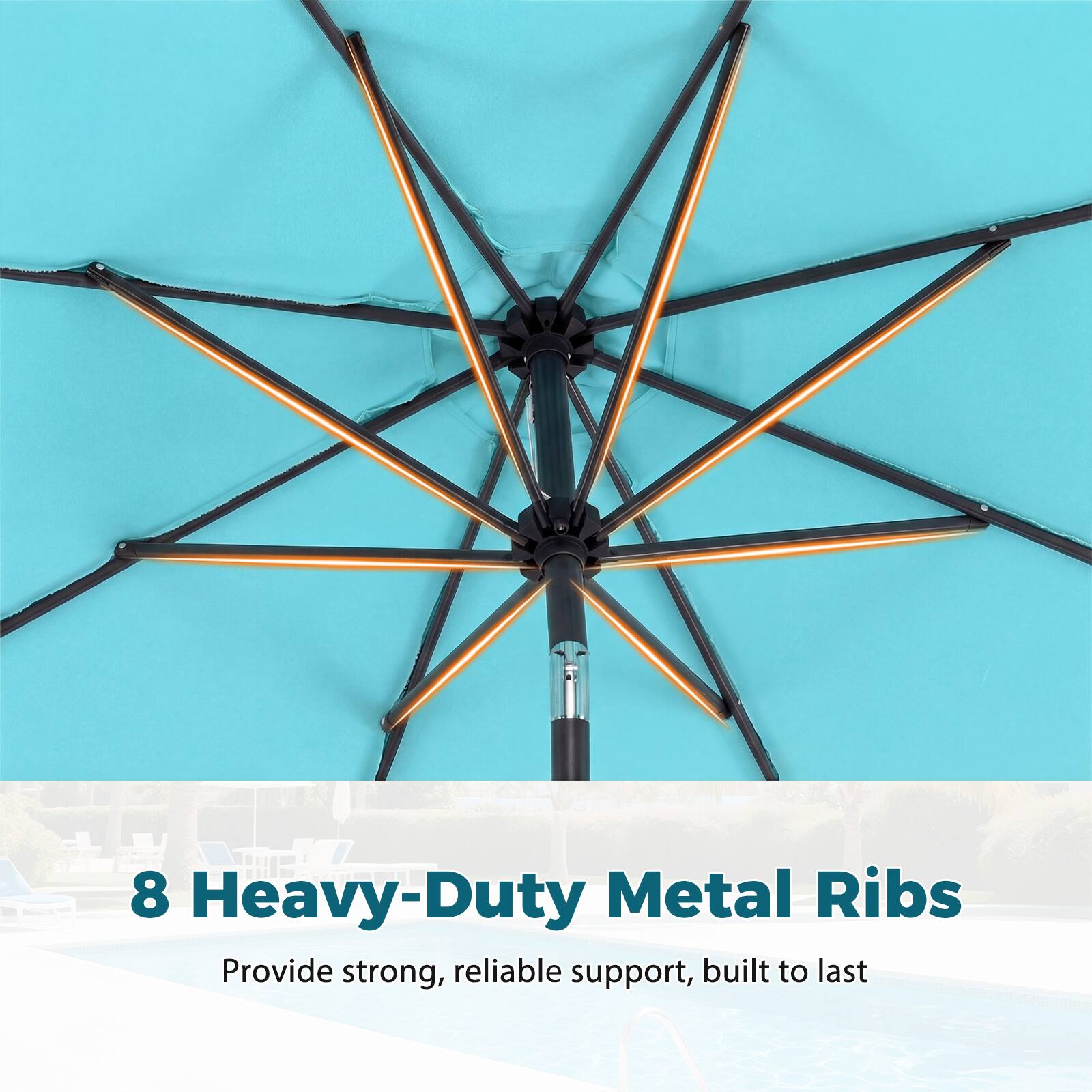 8 Heavy-Duty Metal Ribs  
Provide strong, reliable support, built to last