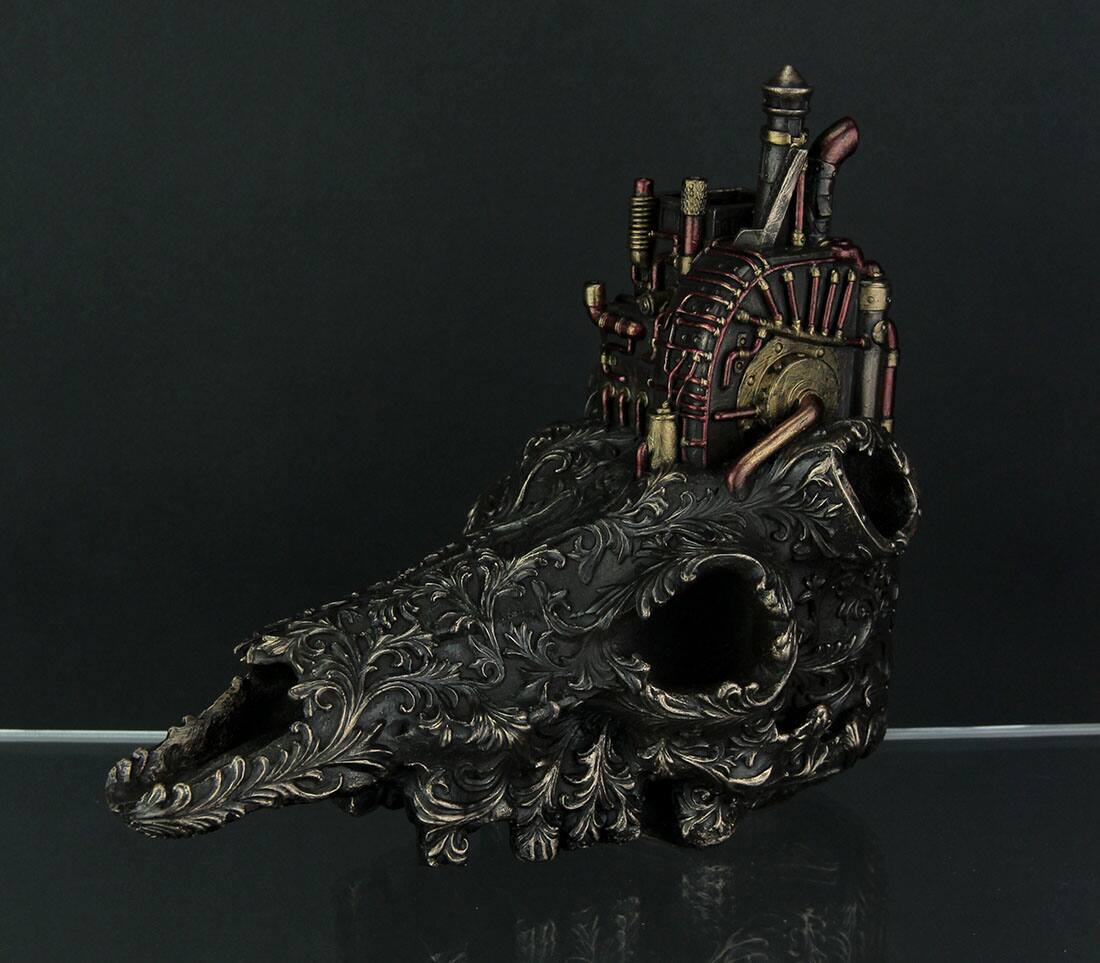 Alt View 1. Veronese Design - Antiqued Bronze Finish Steampunk Steer Skull Statue - Bronze.