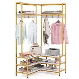 Costway - Corner Garment Rack L-shaped Clothes Rack with Open Shelves & Adjustable Foot Pads - White