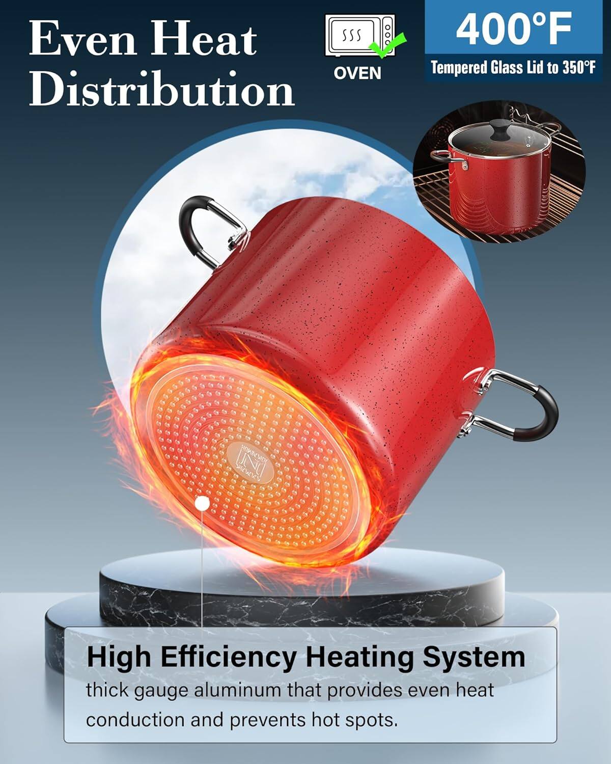 Even Heat Distribution

400°F

Tempered Glass Lid to 350°F

High Efficiency Heating System

thick gauge aluminum that provides even heat conduction and prevents hot spots.