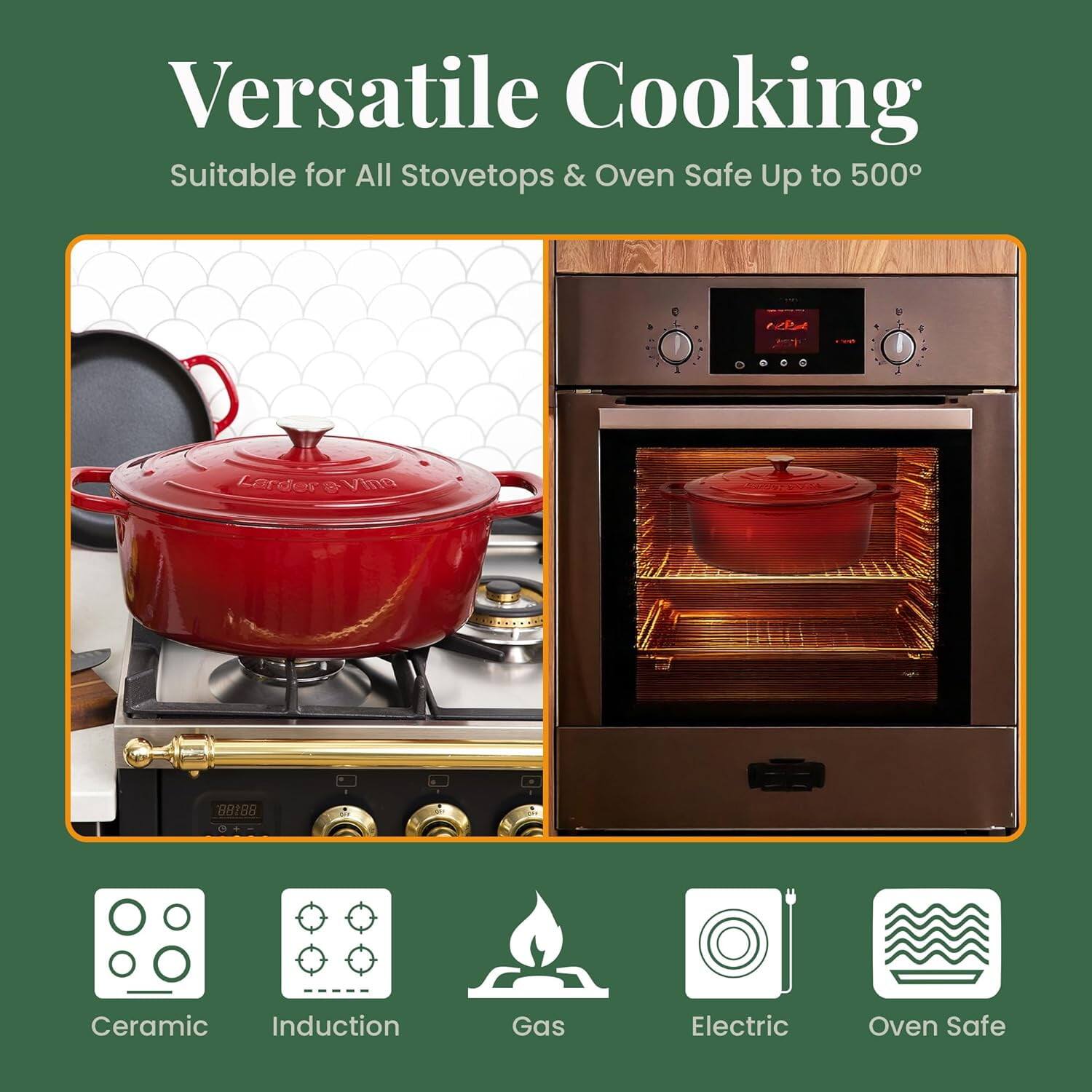 Versatile Cooking  
Suitable for All Stovetops & Oven Safe Up to 500°

Ceramic  
Induction  
Gas  
Electric  
Oven Safe