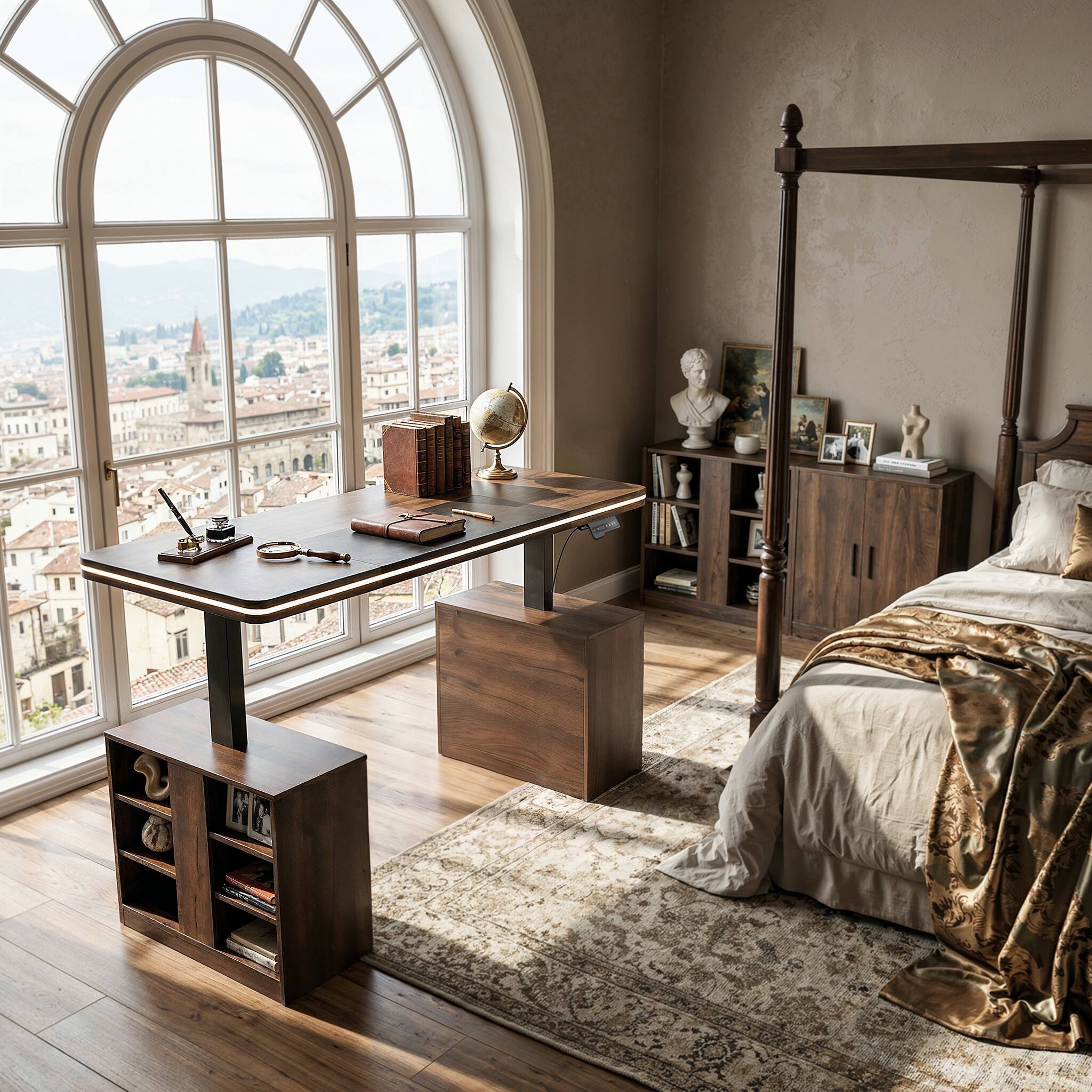 Alt View 10. Famapy - Electric Height Adjustable Desk with RGB Light & Dual Storage –Swappable Cabinets,2AC+3USB Outlet,Sit Stand Workstation - Walnut.