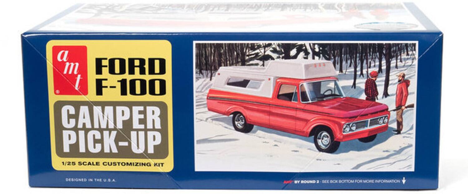 a m t FORD F-100 CAMPER PICK-UP 1/25 SCALE CUSTOMIZING KIT DESIGNED IN THE U.S.A. AMT BY ROUND 2 SEE BOX BOTTOM FOR MORE INFORMATION