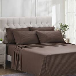 Sweet Home Collection - 6 Piece Embossed Dobby Stripe Sheet Set, Double Brushed Microfiber, Full - Coffee