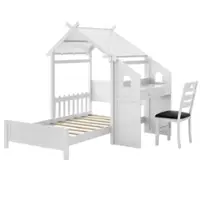 Costway Twin House Bed with Desk & Chair with 2 Drawers Windmill Fence & Headboard for Teens - White - Front_Zoom