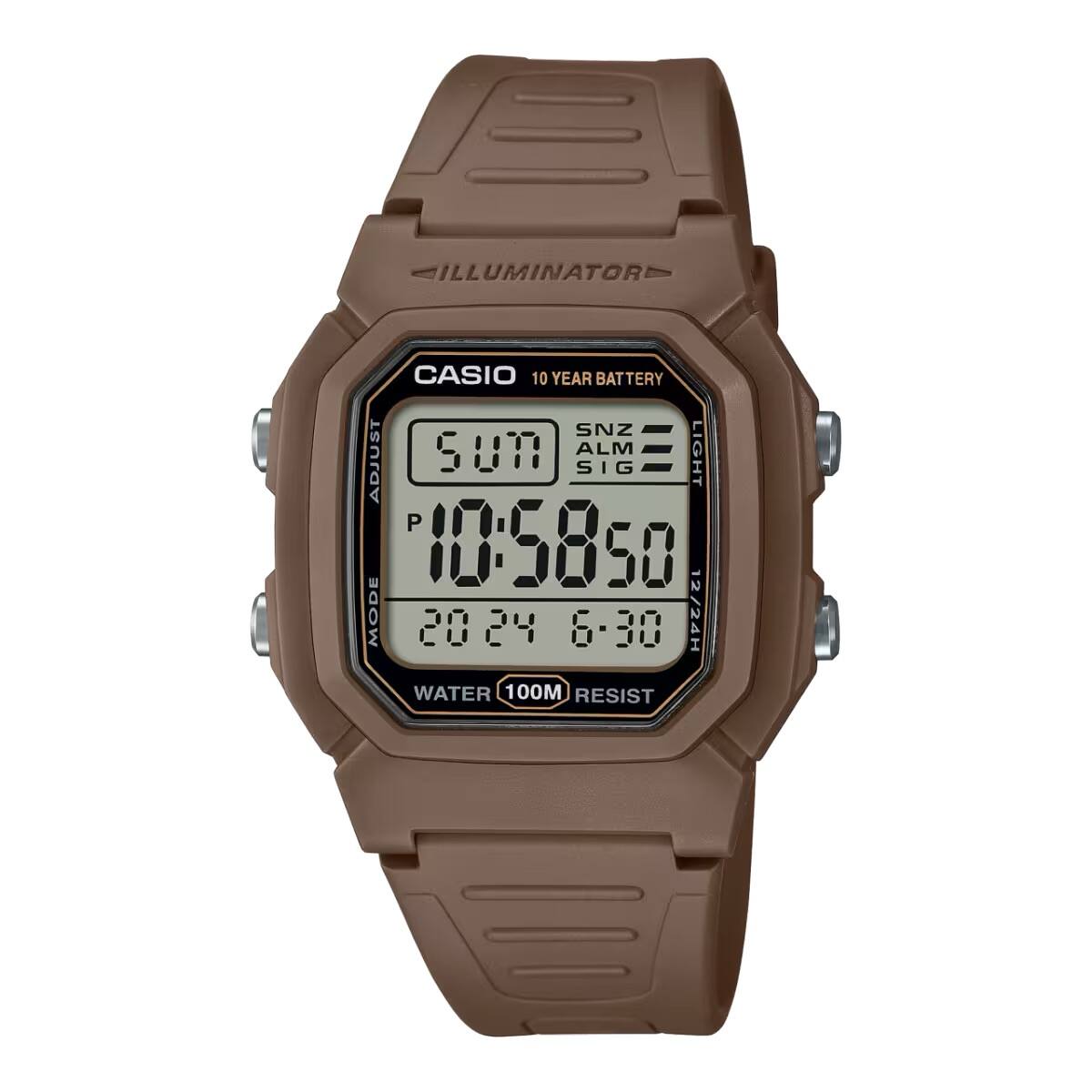 ILLUMINATOR  
CASIO  
10 YEAR BATTERY  
SNZ ALM SIG  
LIGHT ADJUST  
P 10:58:50  
MODE 20 24  
6:30  
12/24H  
WATER 100M RESIST