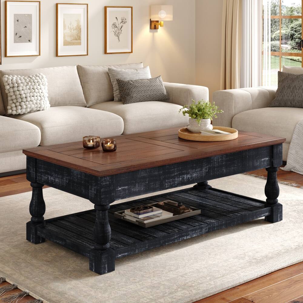 Back. Loheer - Loheer retro lift-top coffee table with hidden compartments and solid wood frame - Antique Espresso.
