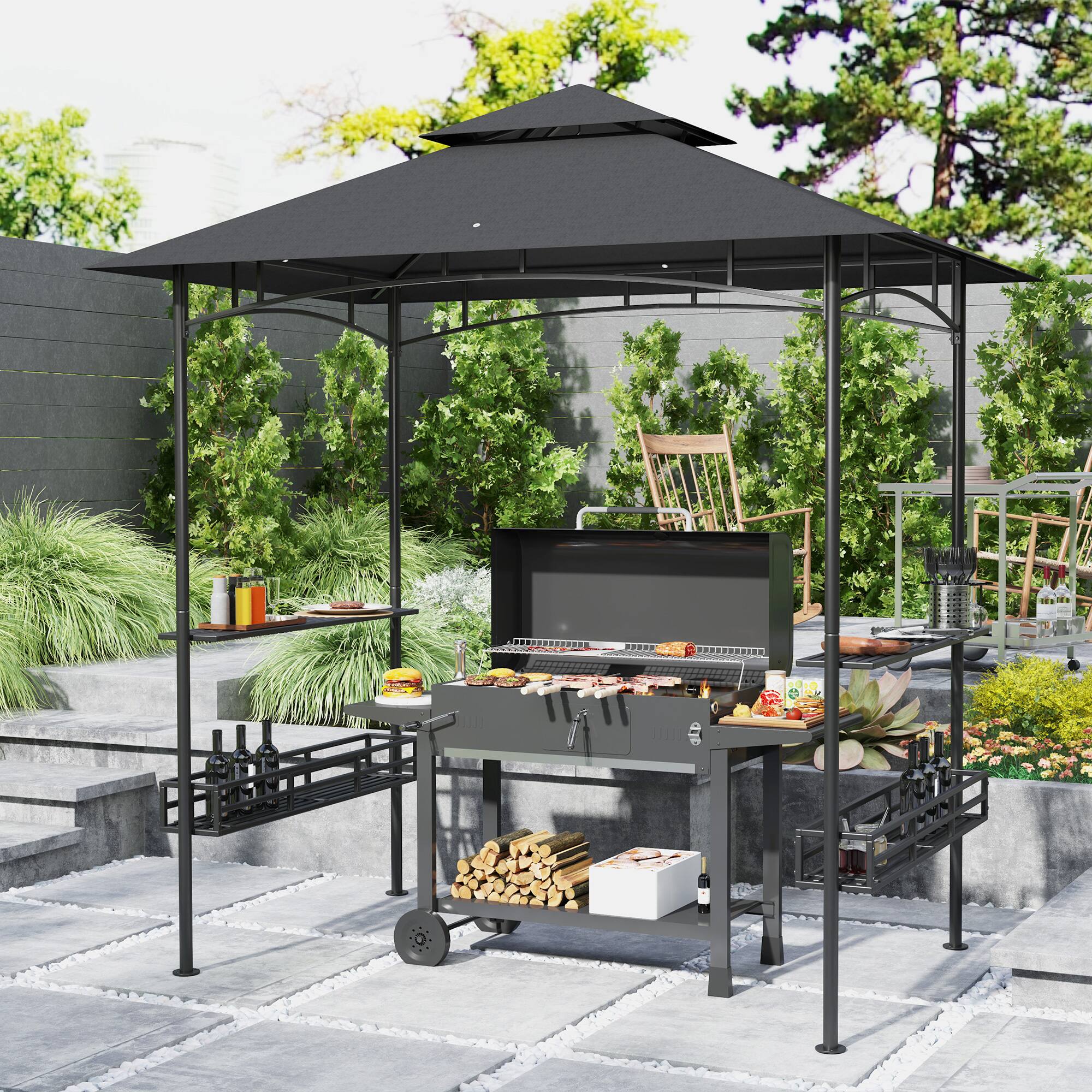Angle. Outsunny - 8' x 5' Grill Gazebo, 2-Tier Outdoor BBQ Gazebo with 2 Side Shelves, Storage Baskets and Ceiling Hook for Patio Deck - Dark Gray.