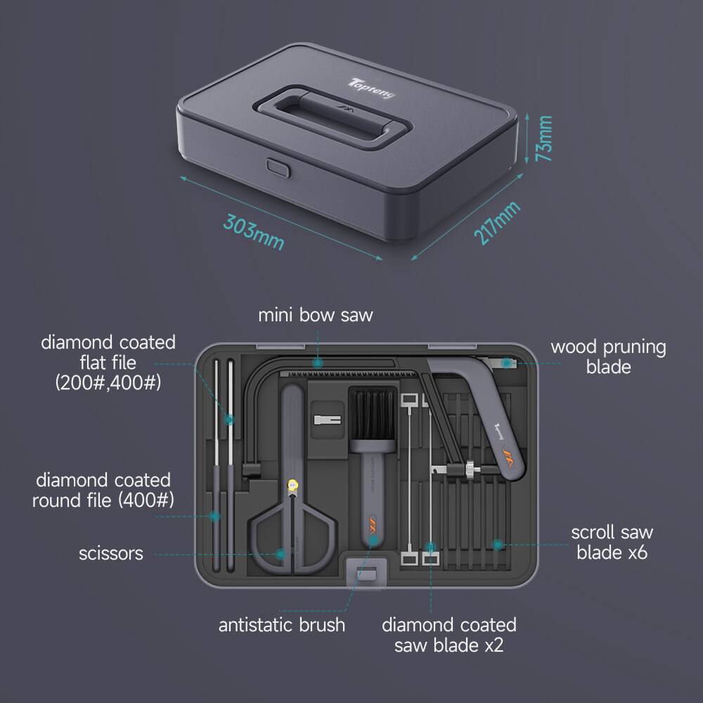 303mm mini bow saw  
73mm wood pruning blade  
217mm diamond coated flat file (200#, 400#)  
diamond coated round file (400#)  
scissors  
antistatic brush  
scroll saw blade x6  
diamond coated saw blade x2