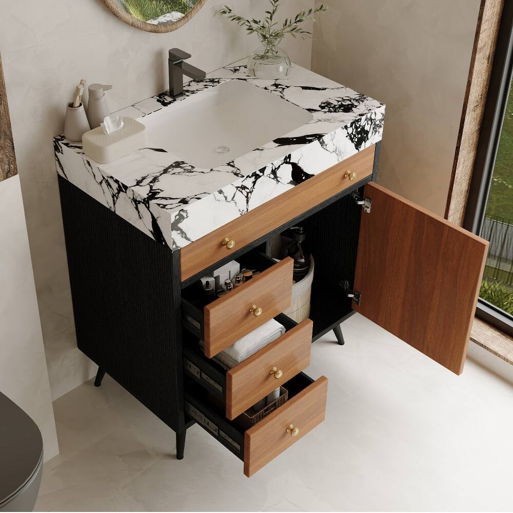 Alt View 1. Loheer - Loheer 30 inch freestanding bathroom vanity with sintered stone vanity top and ceramic sink - Walnut.