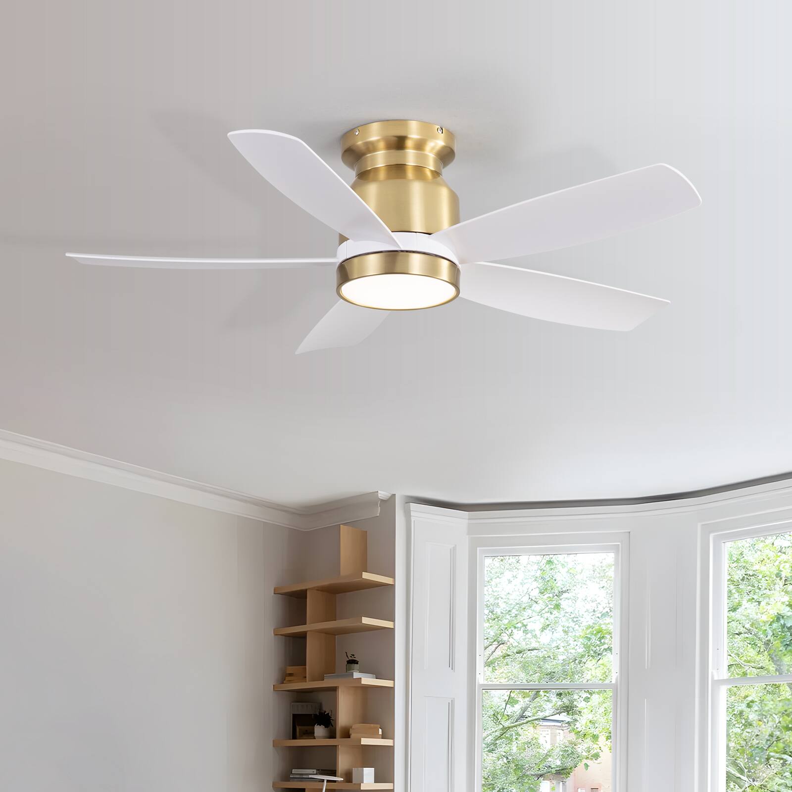 Alt View 2. Sofucor - 42in Flush Mount DC Ceiling Fan with Lights and Remote Ultra Quiet 6-Speed Hugger Low Profile Indoor Outdoor Ceiling Fan - Gold-white.