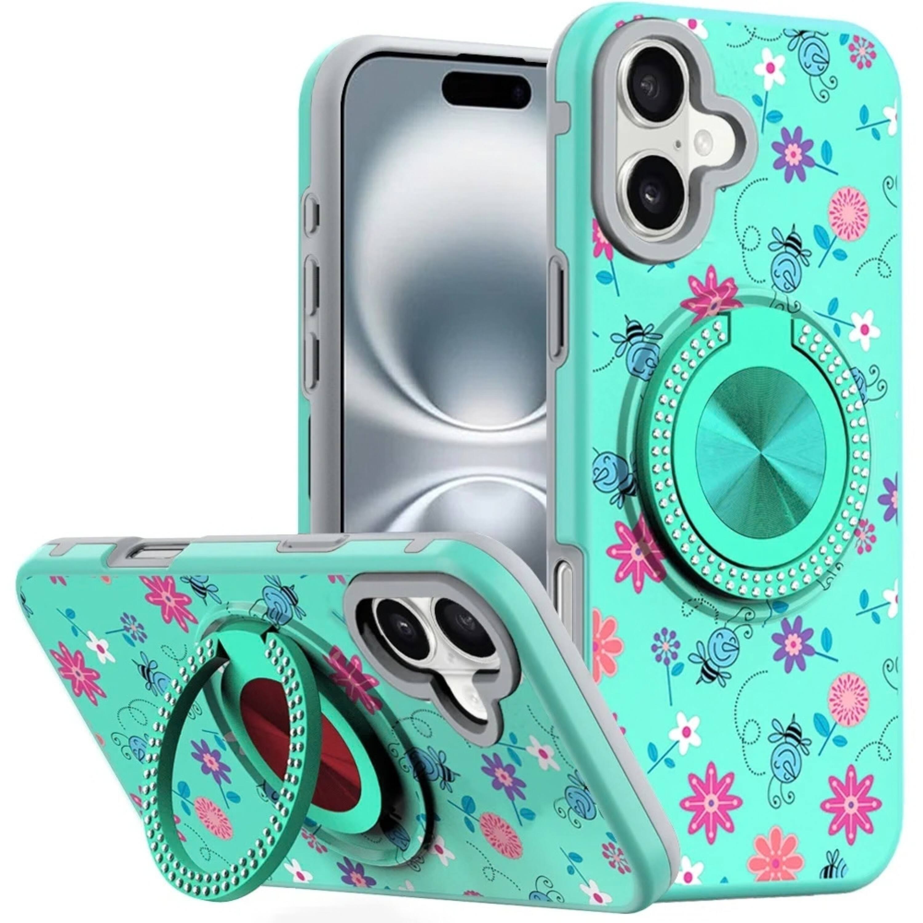 Front. Kitcheniva - Decorative 360 Rotating Ring Stand Phone Case With Tempered Glass For iPhone 16 6.1 Inch Assorted Flowers - Blue.