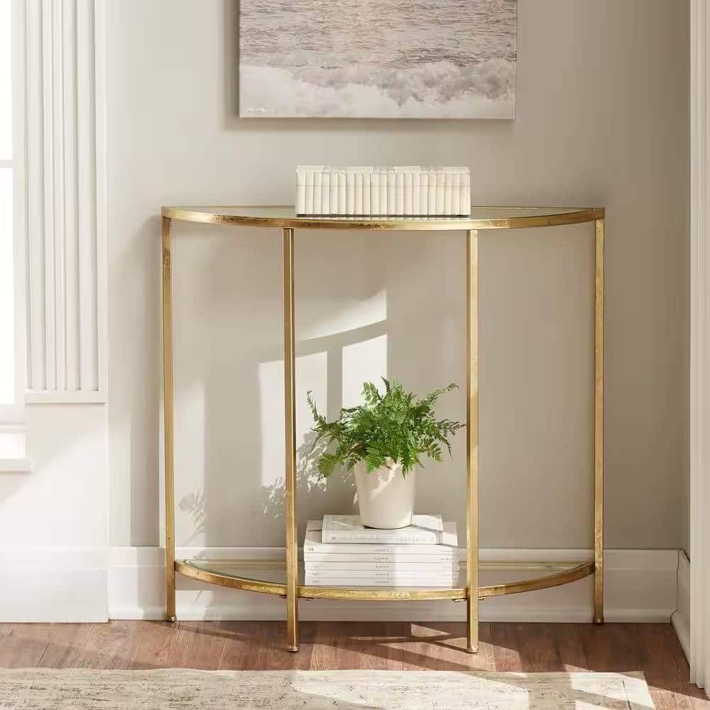 Hivvago - Half-Circle Entryway Console Table Metal Glass Top Bottom Shelf Sofa Table - Gold