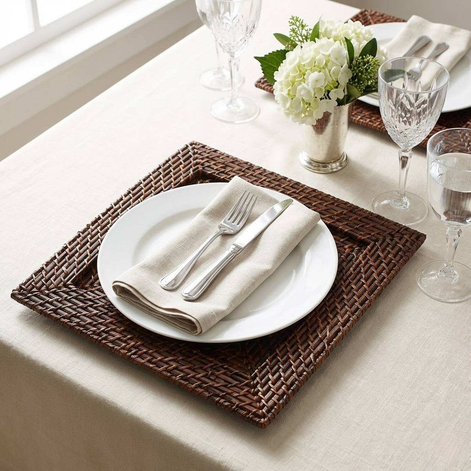 Left. American Atelier - Set Of 4 Square Rattan Charger Plate 13"D - Brown.