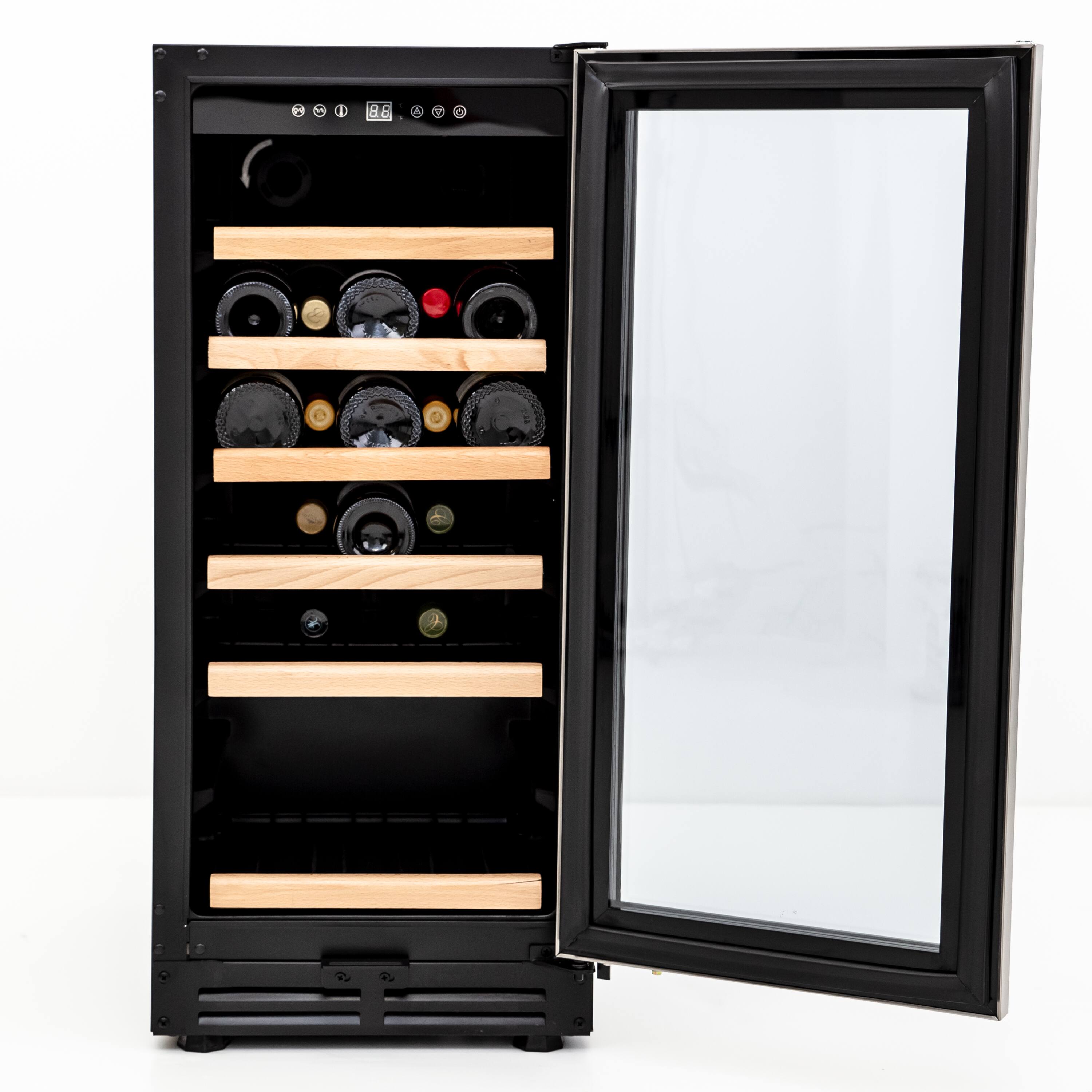 Left. Avanti - Wine Cooler with Wood Accent Shelving, 30 Bottle Capacity, in Stainless Steel.