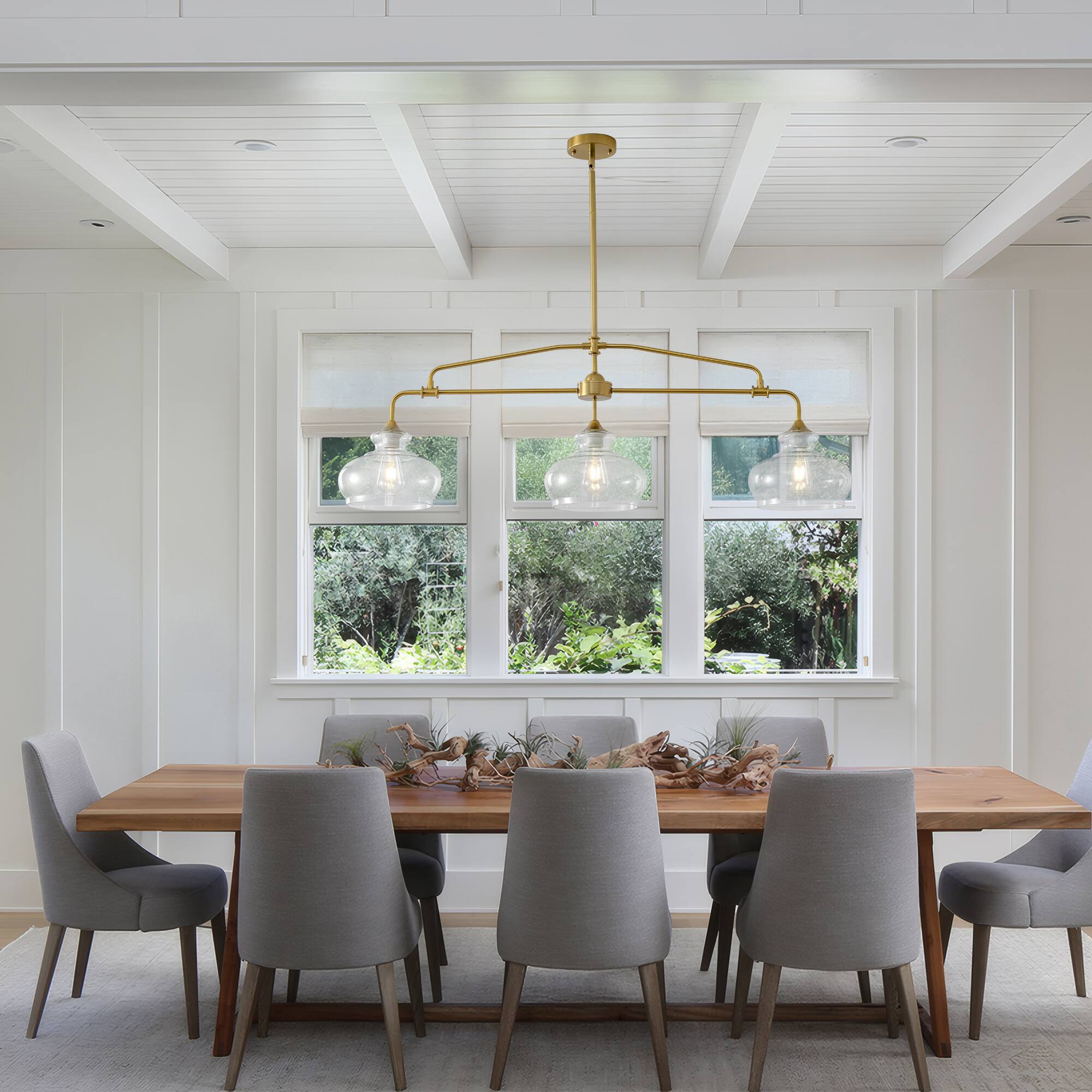 Left. RYHNUYNE - 3-Light Adjustable Brass Kitchen Island Pendant Light with Clear Glass Shades Dimmable Farmhouse Chandelier.