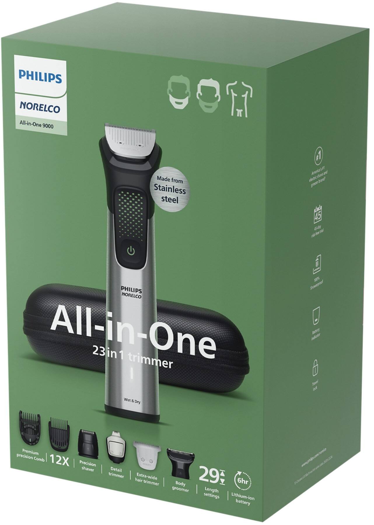 PHILIPS NORELCO All-in-One 9000  
Made from Stainless steel  
1 AnesaF and dectciment hos goor 45 64g  

PHILIPS NORELCO All-in-One 23in1  
1 trimmer  
12% Shwwegredf patry idnr i  
Wet & Dry Premium precision Comb | 12X Precision shaver Detail trimmer Extra-wide hair trimmer Body groomer | Length settings Lithium-ion battery