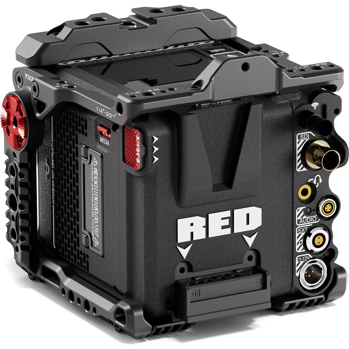 The text on the image reads:

"RED
1/4"-20
TILT
SDI
MEDIA
EJECT
INTA
RE
AUDIO
EXT
11-17V"