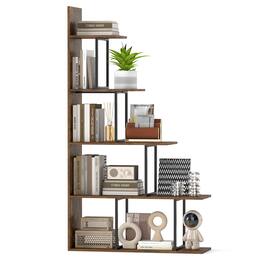 Costway - 1 PCS 5-Tier Stepped Bookshelf, 62” Tall Ladder Corner Bookcase with Stable Metal Support - Rustic Brown + Black