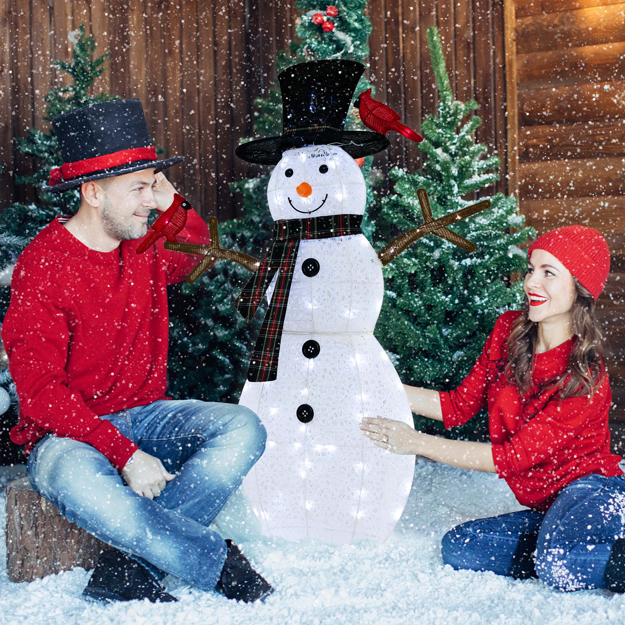 Alt View 13. Costway - 4.2 FT Pre-Lit Snowman & Redbirds Christmas Decoration with LED Lights Holiday - Multicolor.