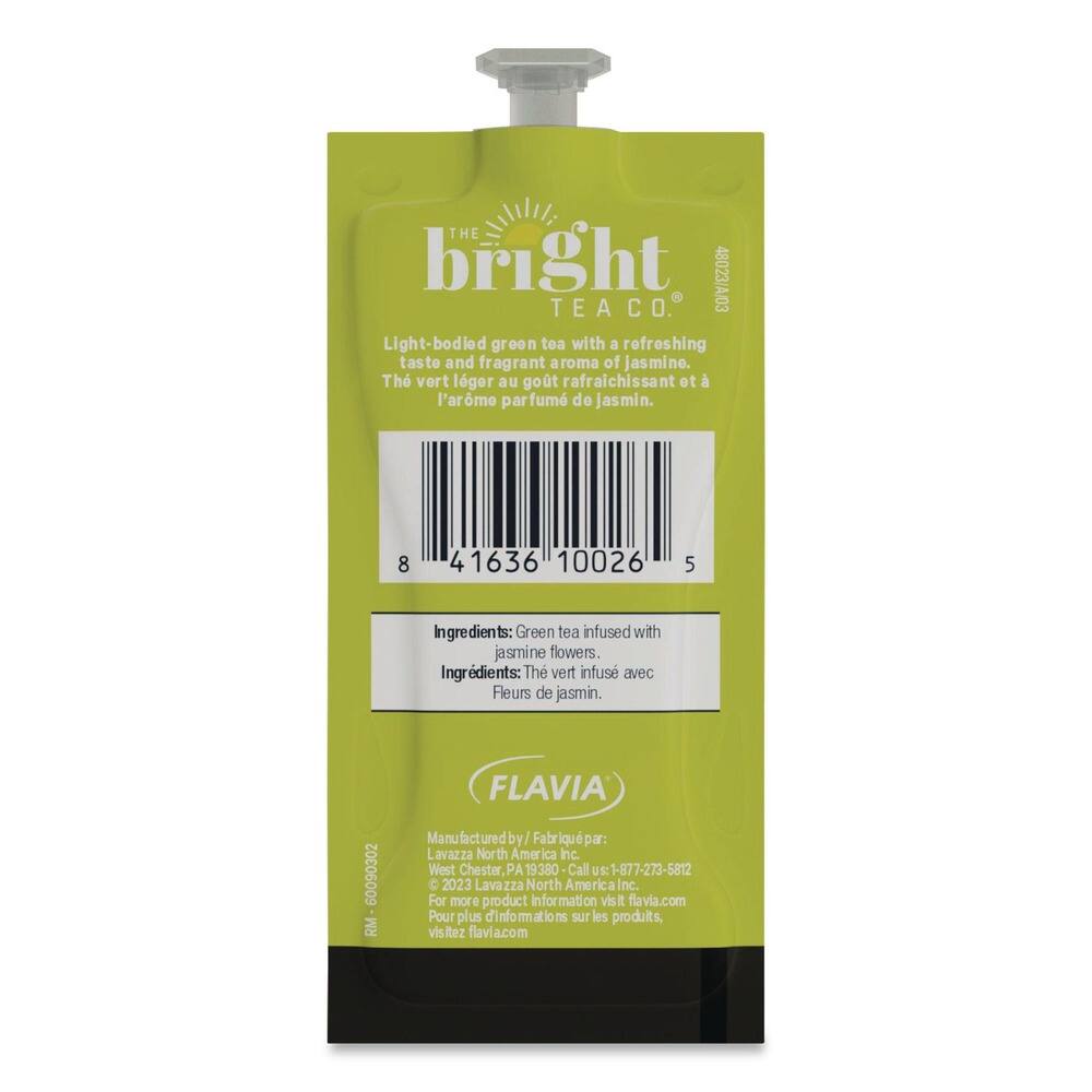 THE bright 48023/A.03 TEA CO.  
Light-bodied green tea with a refreshing taste and fragrant aroma of jasmine.  
Thé vert léger au goût rafraîchissant et à l'arôme parfum de Jasmin.  

Ingredients: Green tea infused with jasmine flowers.  
Ingredients: Le vert infusé avec Fleurs de jasmin.  

FLAVIA  
Manufactured by/ Fabriqué par: Lavazza North America Inc.  
West Chester PA 19380  
Call Us - 877-273-5812  
© 2023 Lavazza North America Inc.  
For more product information visit flavia.com  
Pour plus d'informations sur les produits, visitez flavia.com