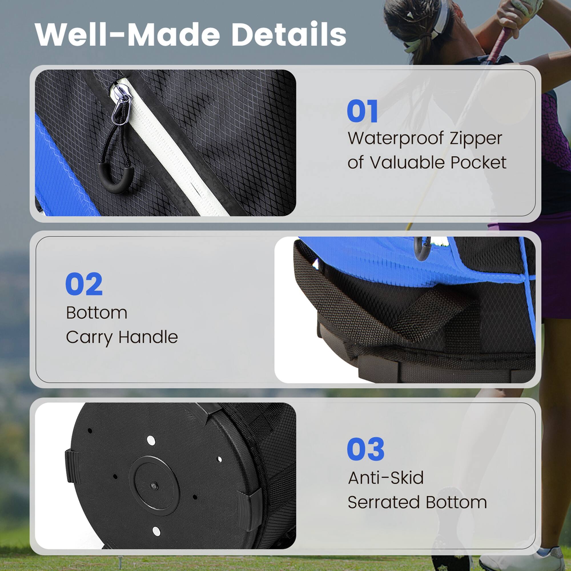 Well-Made Details

01 Waterproof Zipper of Valuable Pocket

02 Bottom Carry Handle

03 Anti-Skid Serrated Bottom