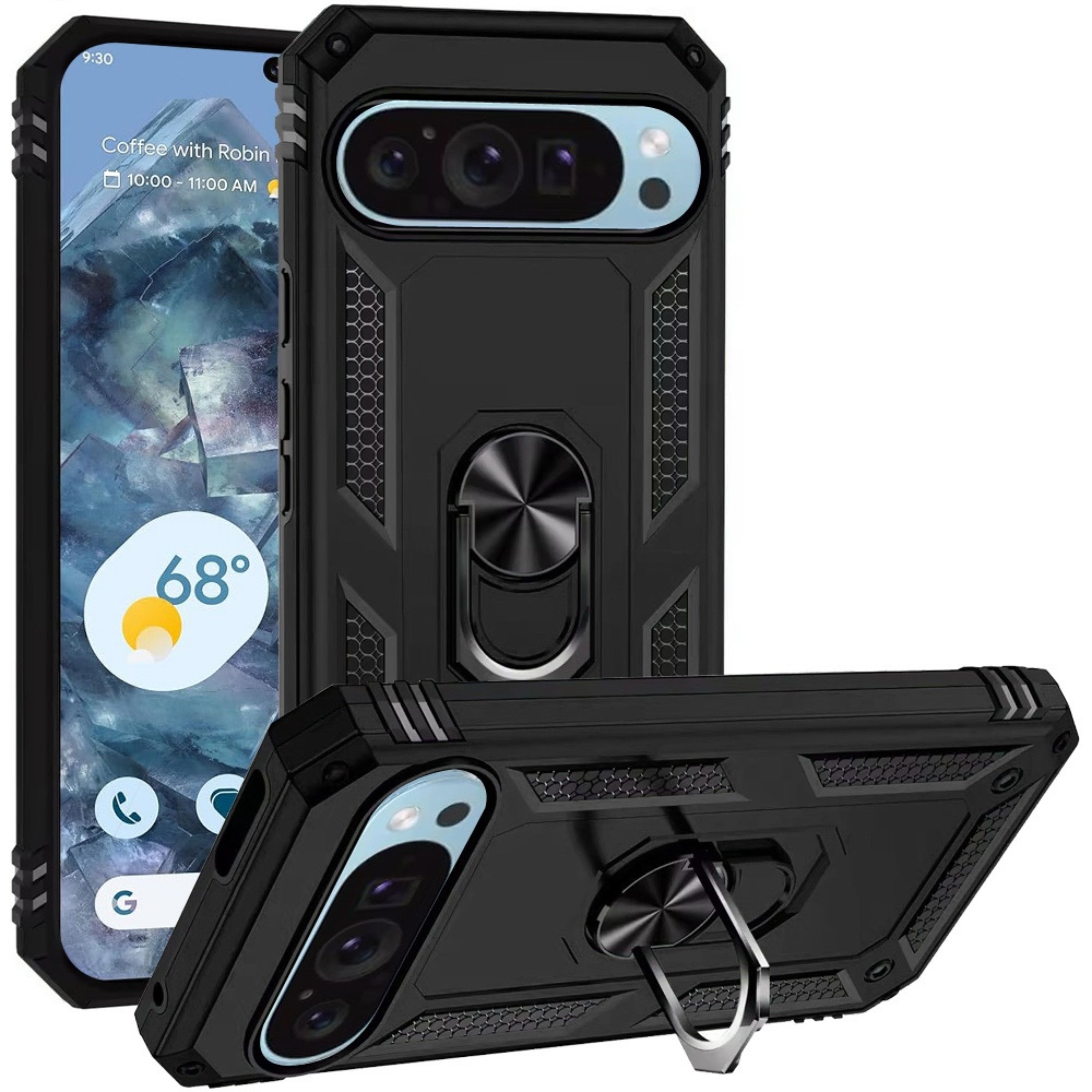 Kitcheniva - Rugged Magnetic Ring Kickstand Hybrid Case For Google Pixel 9 Pro XL - Black