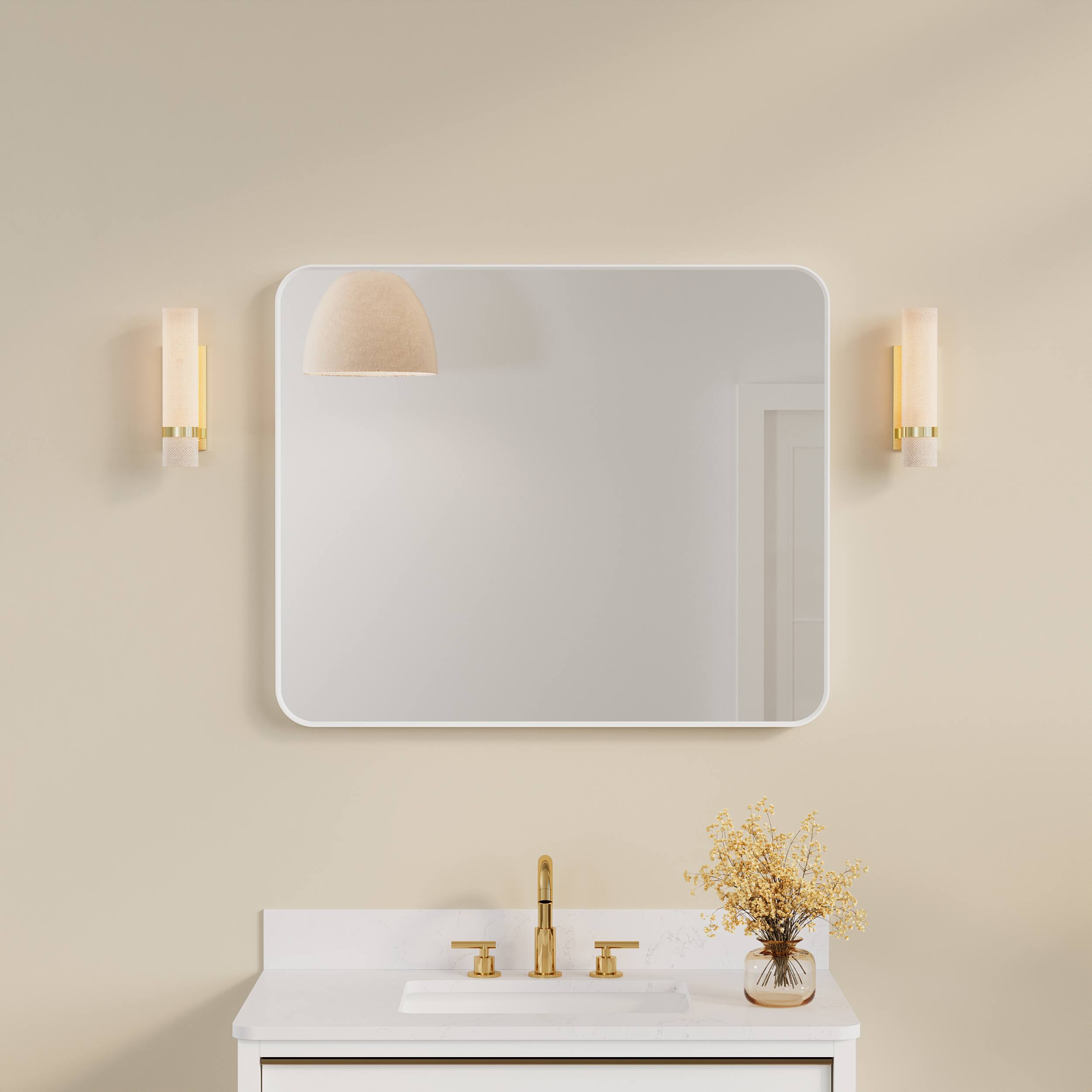 Left. WELLFOR - 30 in. W. x 36 in. H Rectangular Aluminum Framed Wall-Mounted Bathroom Vanity Mirror - White.