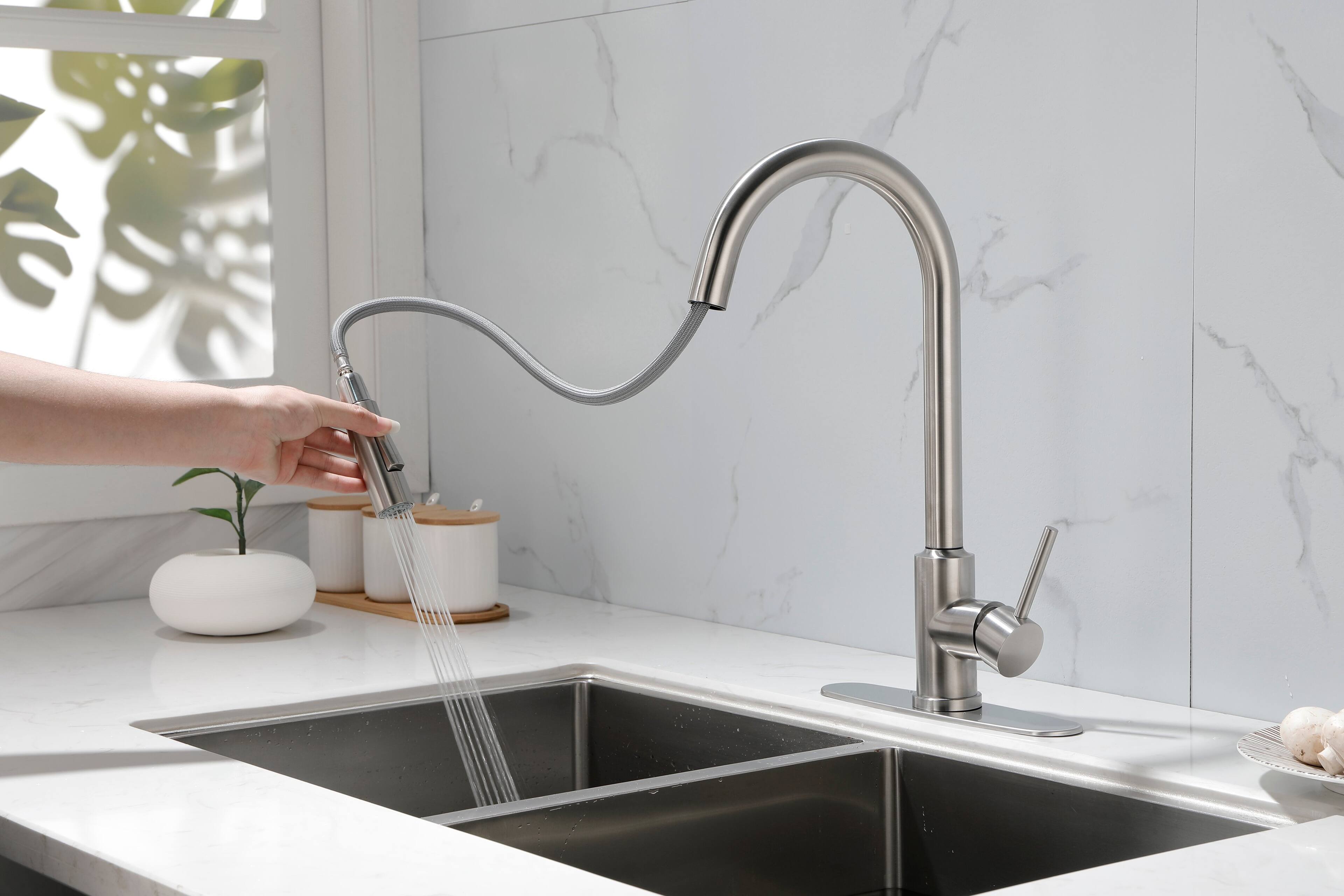 Angle. Siljoy - Kitchen Faucet with Pull Down Sprayer - Brushed Nickel.