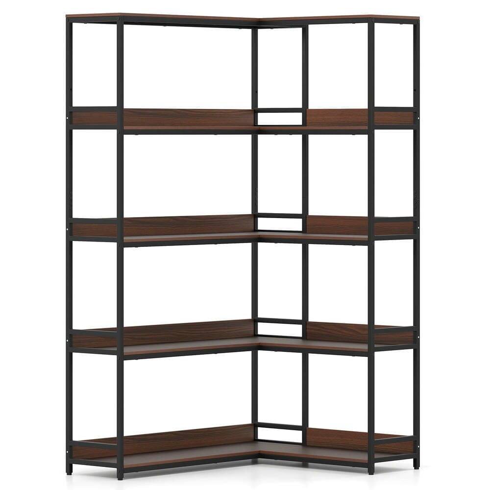Kadyn - 5-Tier L-Shaped Corner Bookshelf - Etagere with Metal Frame, Walnut - Brown
