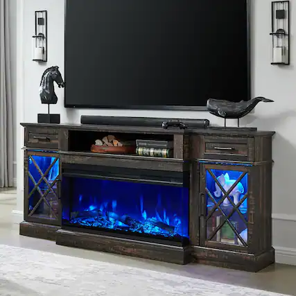 Front. PO3TICJUNKI3 - 70" Farmhouse TV Stand with 36" 3-Side Glass Electric Fireplace, 2 Drawers & 2 Cabinets - Dark Rustic Oak.