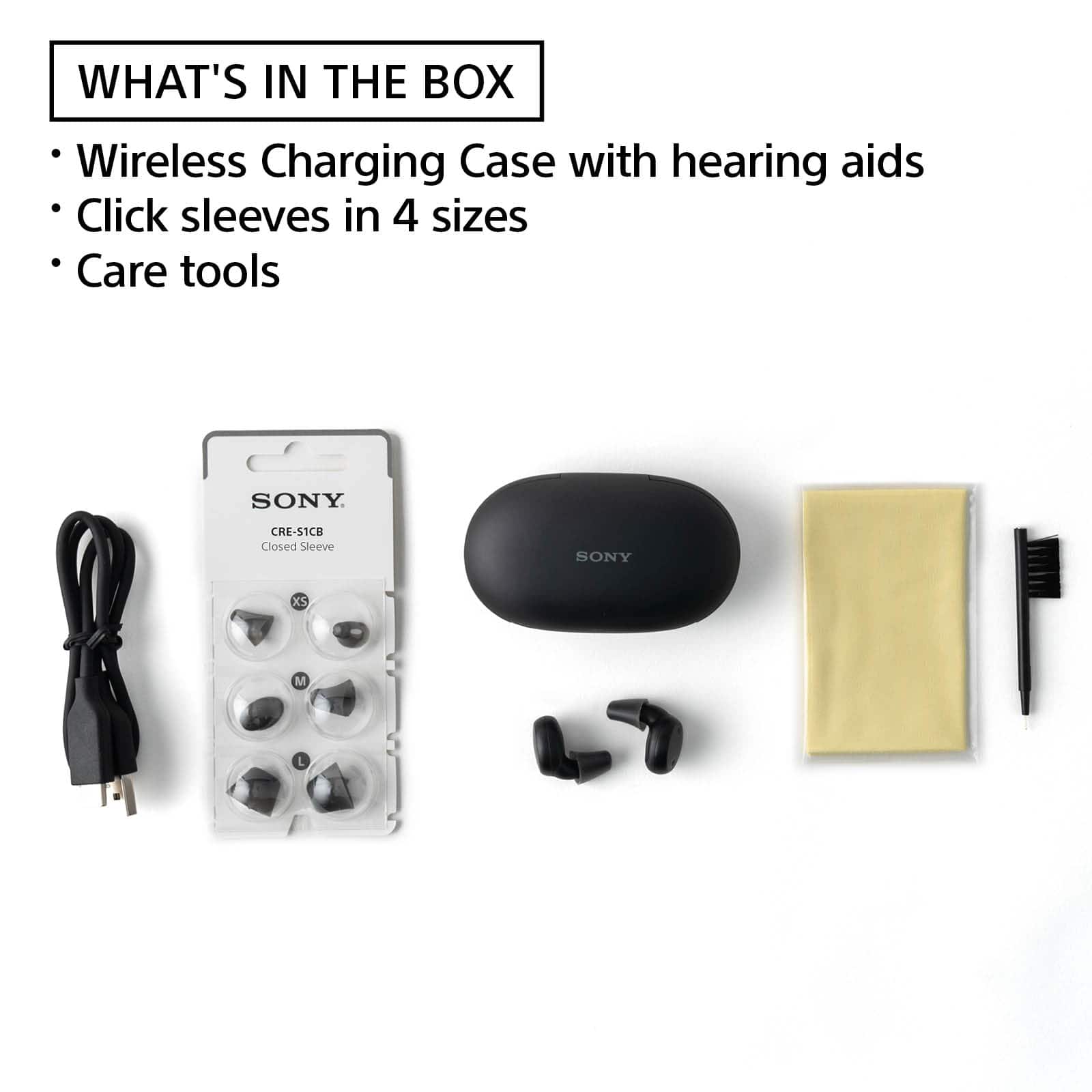 What's in the box: Wireless Charging Case with hearing aids, Click sleeves in 4 sizes, Care tools.