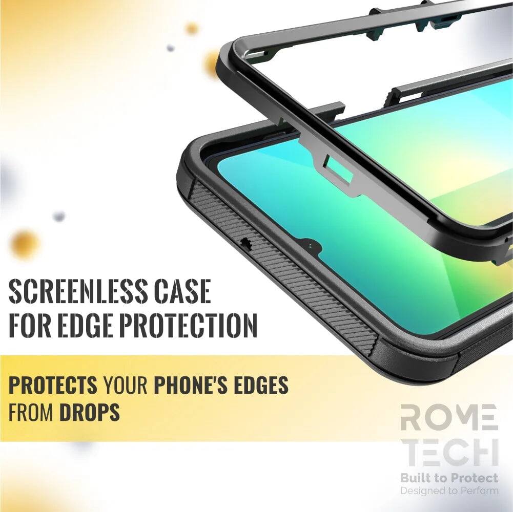 SCREENLESS CASE FOR EDGE PROTECTION  
PROTECTS YOUR PHONE'S EDGES FROM DROPS  

ROME TECH  
Built to Protect  
Designed to Perform