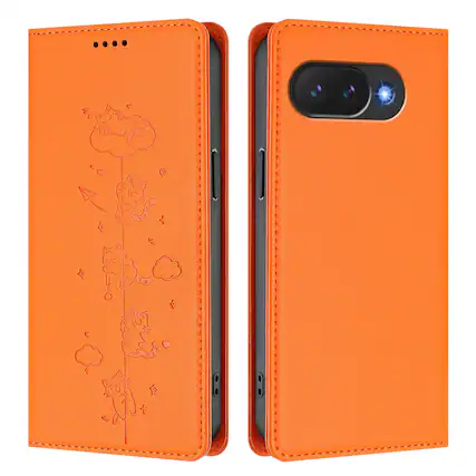 Front. Dteck - for Google Pixel 10a Shockproof Case,Slim Cute Cat Embossed PU Leather RFID Blocking Wallet Flip Card Holder Cover - Orange.