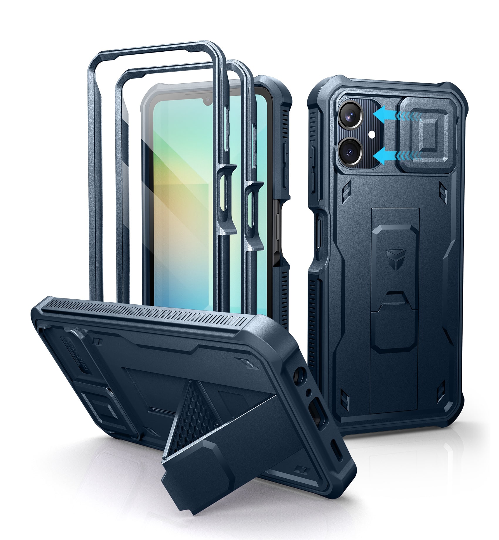 Dexnor - Phone Case for Samsung Galaxy A06 Heavy Duty Shockproof Cover with 2 Front Frame, Slide Camera Cover, Screen Protector - Navy Blue