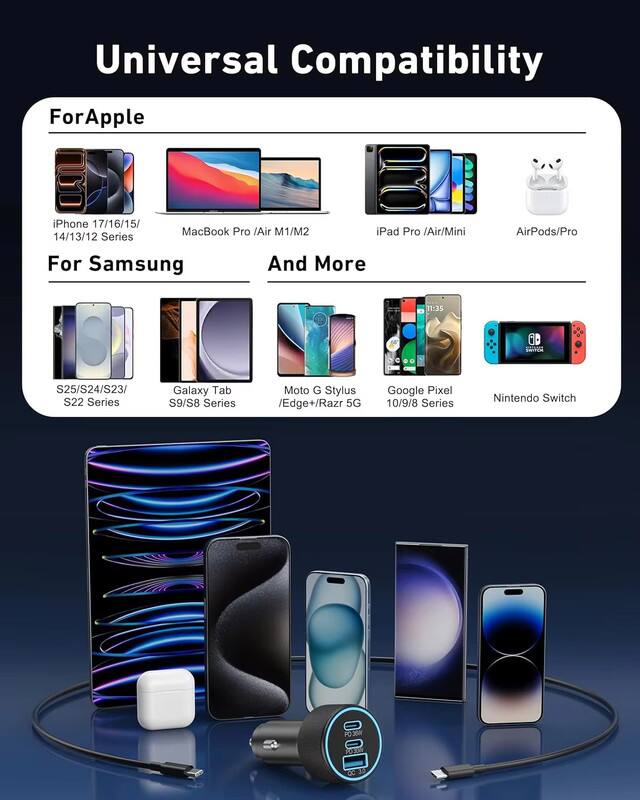 Universal Compatibility

For Apple
- iPhone 17/16/15/14/13/12 Series
- MacBook Pro / Air M1/M2
- iPad Pro / Air/Mini
- AirPods/Pro

For Samsung
- S25/S24/S23/S22 Series
- Galaxy Tab S9/S8 Series
- Moto G Stylus / Edge+/Razr 5G

And More
- Google Pixel 10/9/8 Series
- Nintendo Switch