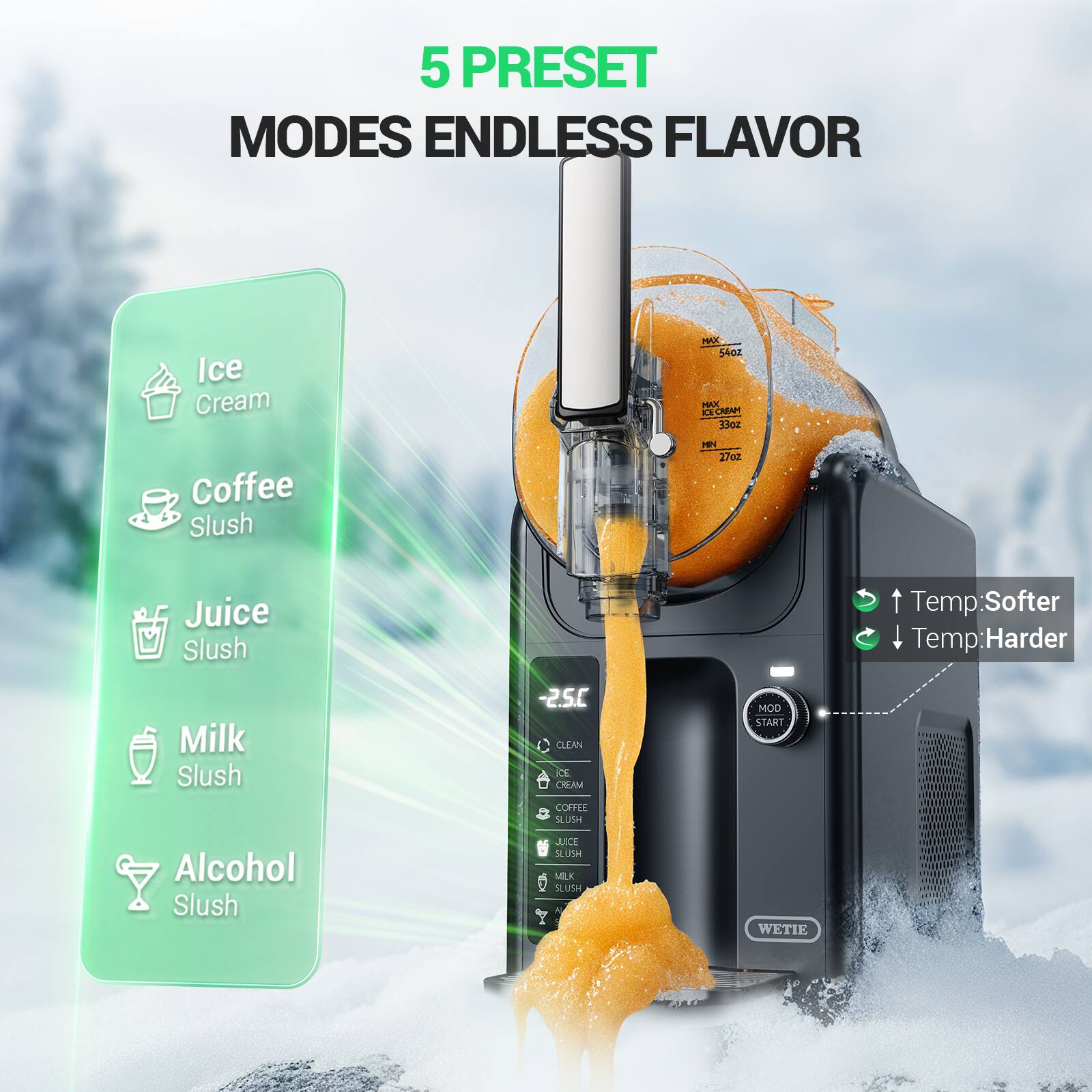 5 PRESET MODES ENDLESS FLAVOR

- Ice Cream
- Coffee Slush
- Juice Slush
- Milk Slush
- Alcohol Slush

Temp: Softer
Temp: Harder

MOD START

CLEAN
ICE CREAM
COFFEE SLUSH
JUICE SLUSH
MILK SLUSH
ALCOHOL SLUSH

WETIE