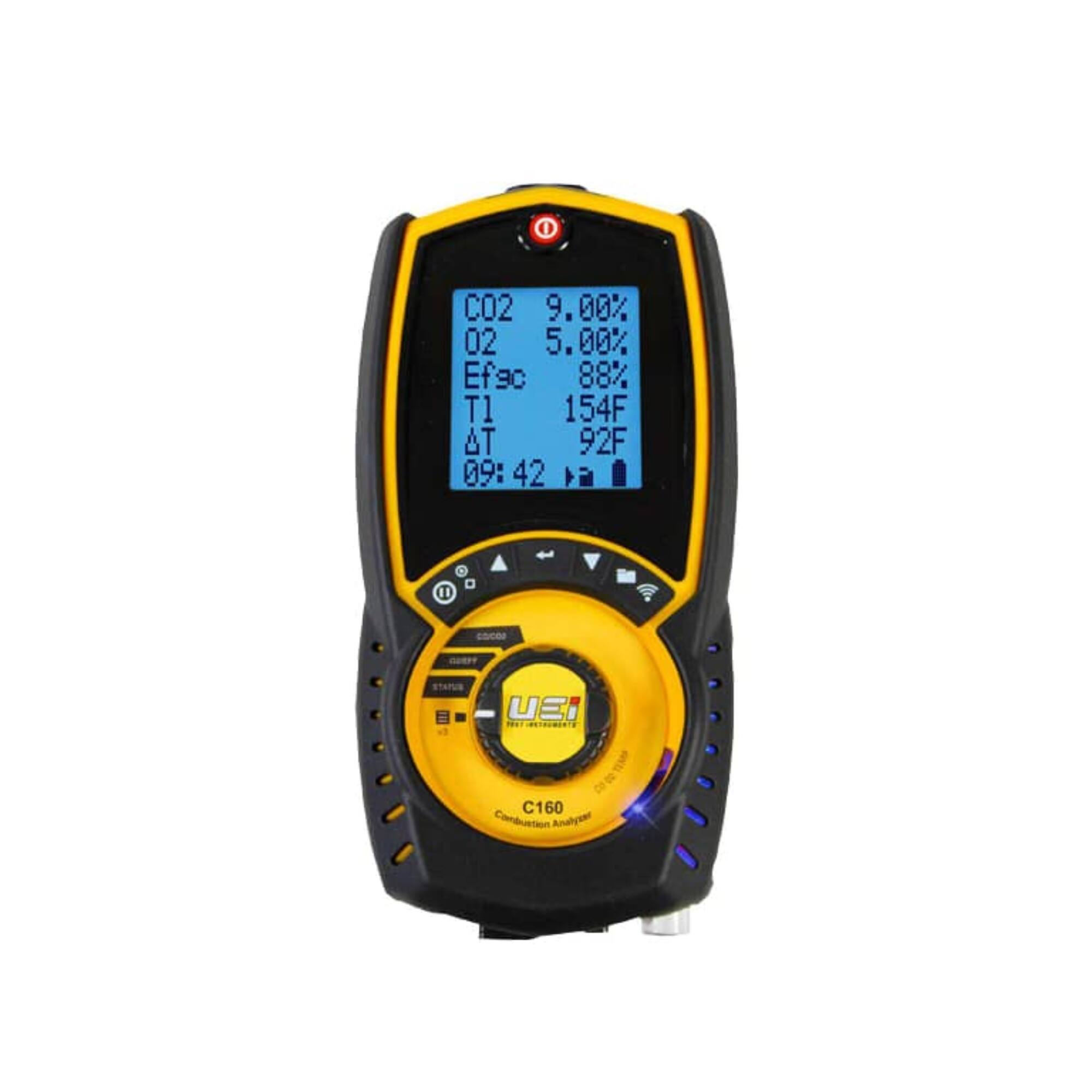 CO2 9.00%  
O2 5.00%  
Efc 88%  
T1 154F  
ΔT 92F  
09:42  

CAUCAS  
UEI INSTRUMENTS  
C160 Combustion Analyzer