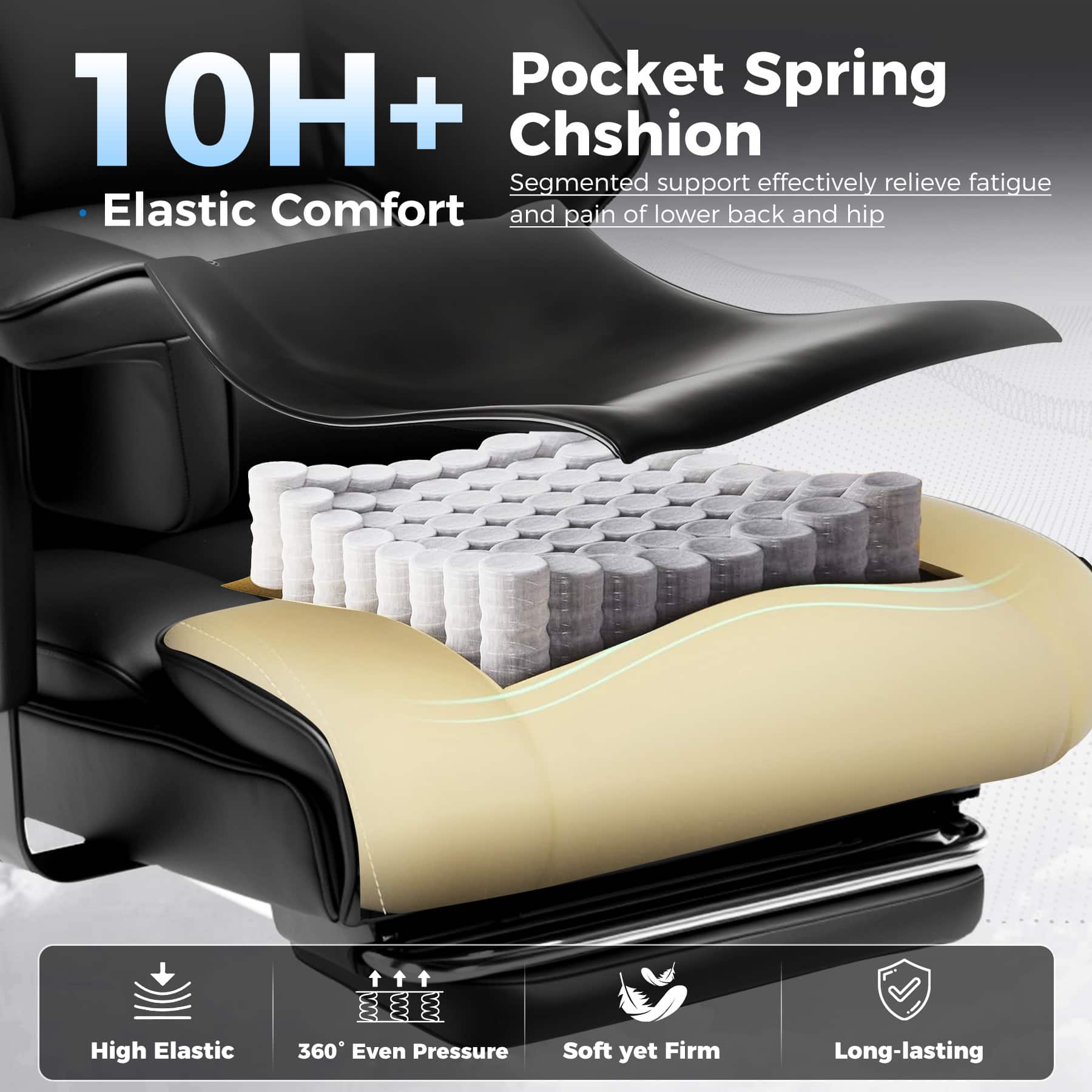 Pocket Spring 10H+ Chshion, Segmented support effectively relieve fatigue and pain of lower back and hip, Elastic Comfort, High Elastic, 360° Even Pressure, Soft yet Firm, Long-lasting