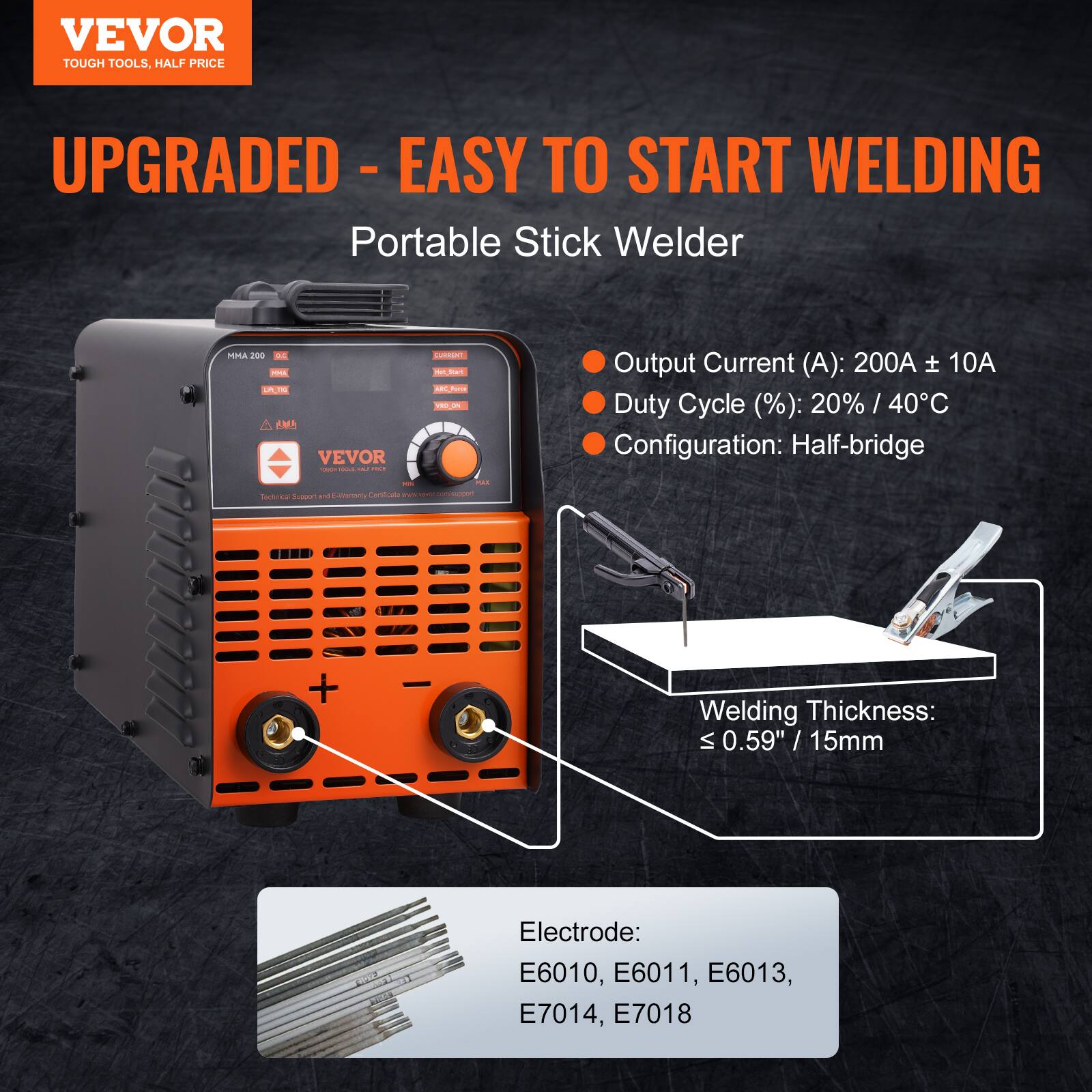 VEVOR TOUGH TOOLS, HALF PRICE UPGRADED - EASY TO START WELDING Portable Stick Welder PEMA 200

- Output Current (A): 200A ± 10A
- Duty Cycle (%): 20% / 40°C
- Configuration: Half-bridge

Welding Thickness: ≤ 0.59" / 15mm

Electrode: E6010, E6011, E6013, E7014, E7018