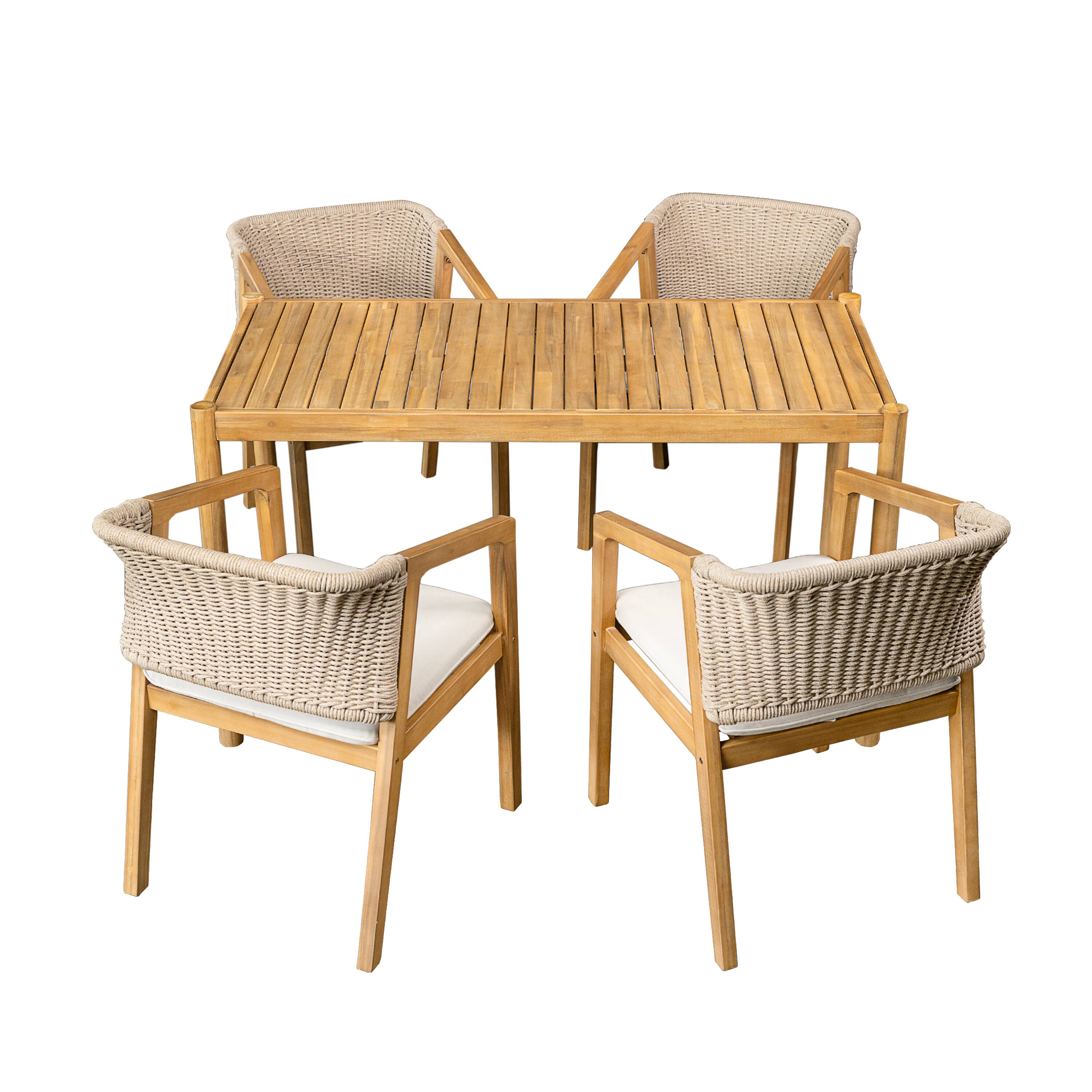 Angle. Whisen - 5-Piece Outdoor Acacia Wood Dining Set - 1 Table and 4 Cushioned Chairs - Light Teak|Beige.