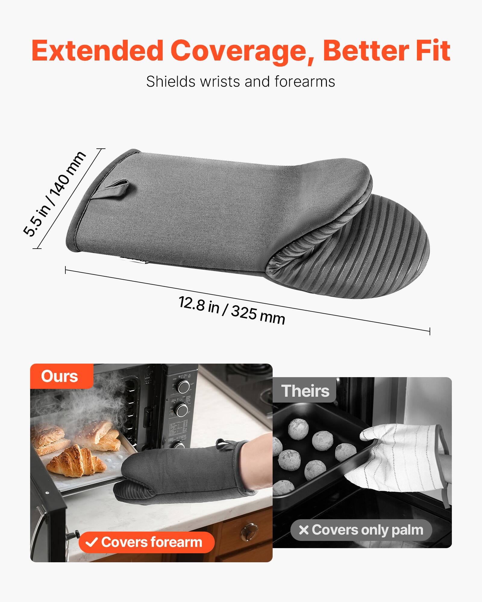 Extended Coverage, Better Fit  
Shields wrists and forearms  

5.5 in / 140 mm  
12.8 in / 325 mm  

Ours  
Covers forearm  

Theirs  
Covers only palm