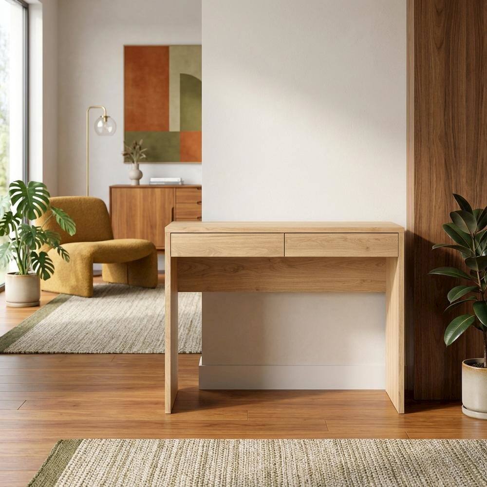 Angle. FurniFact - Modern 2-Drawer Computer Desk for Home Office or Study Table - Brown.