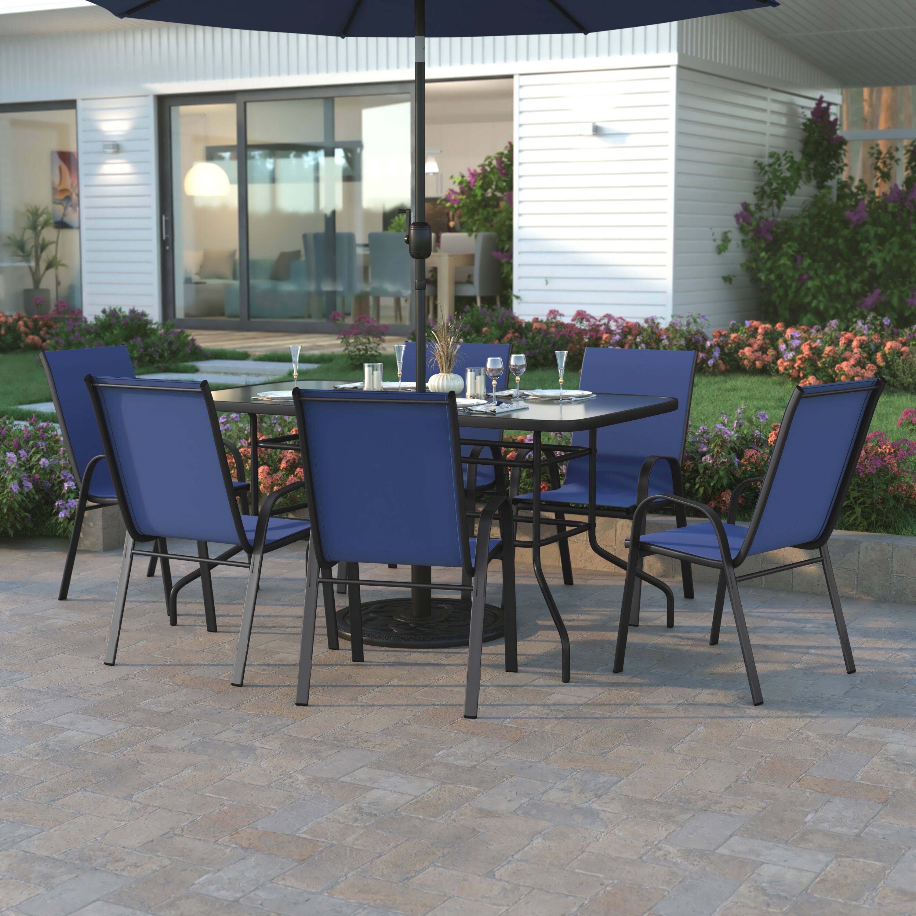 Alt View 1. Emma + Oliver - Seven Piece Patio Table Set with Metal Table with Tempered Glass Top and 6 Flex Comfort Stacking Chairs - Navy.