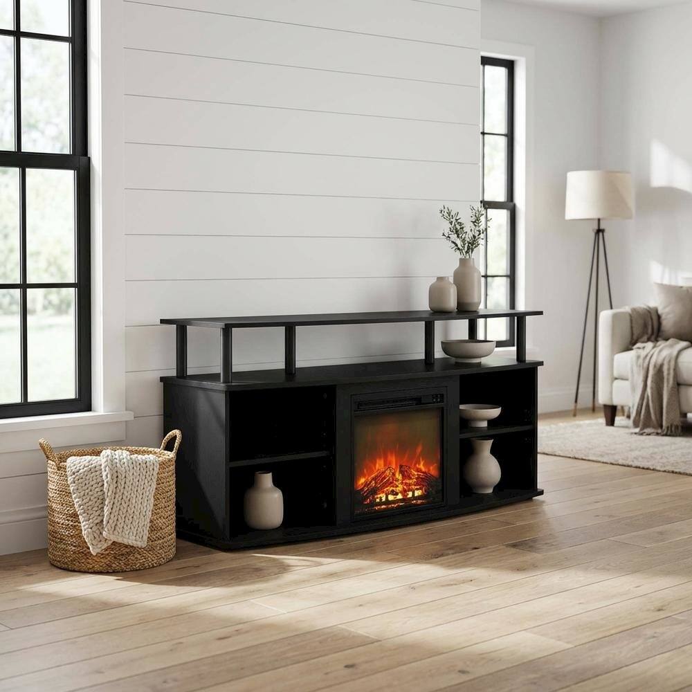 Alt View 1. FurniFact - Black Open Shelving Entertainment Center, Ample TV storage, up to 55 inches - Brown.