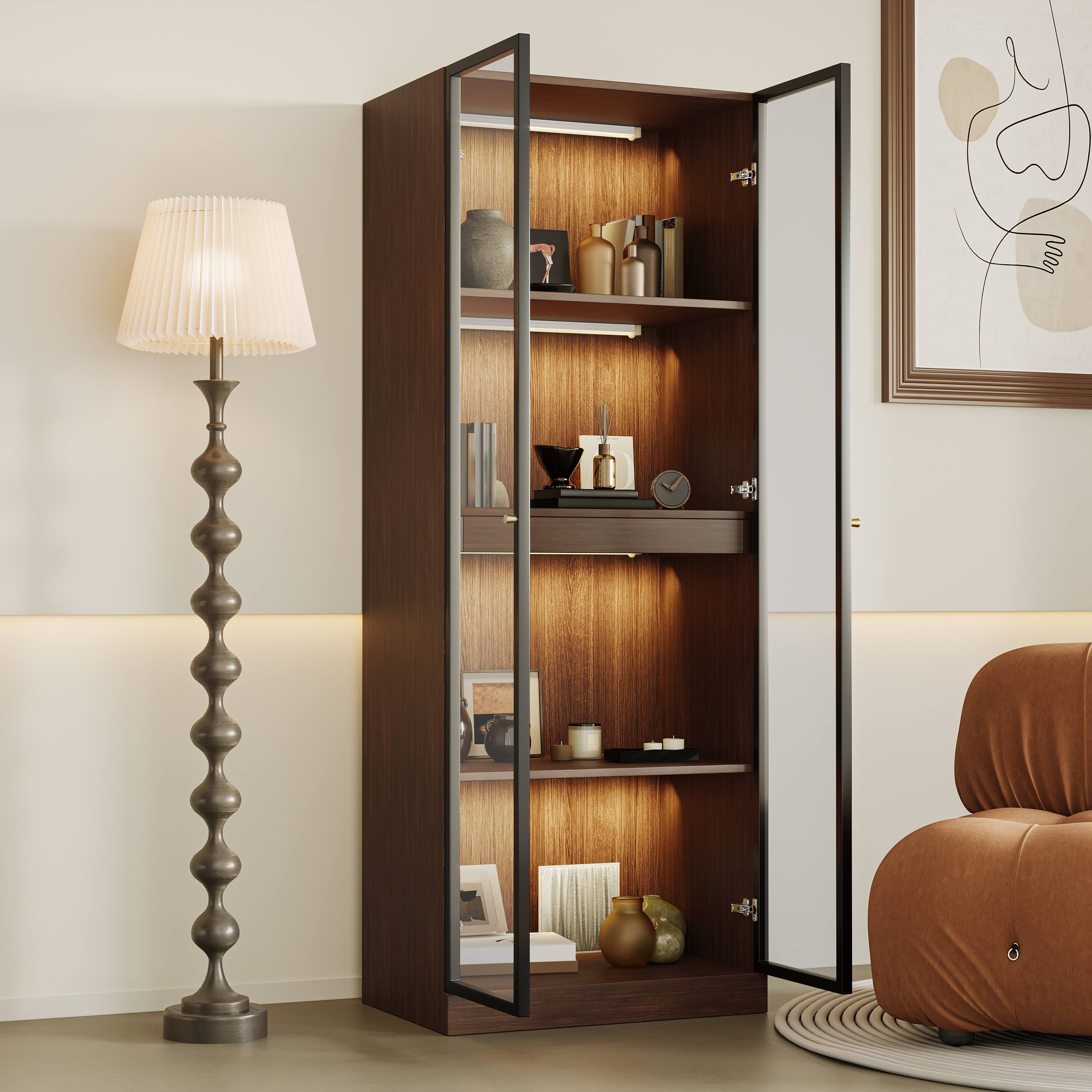 Alt View 1. MSOOB - 23.6" Glass Display China Cabinet With Pull-Out Bar Shelf, Dining Cabinet With Glass Doors and Wireless LED Light - brown.