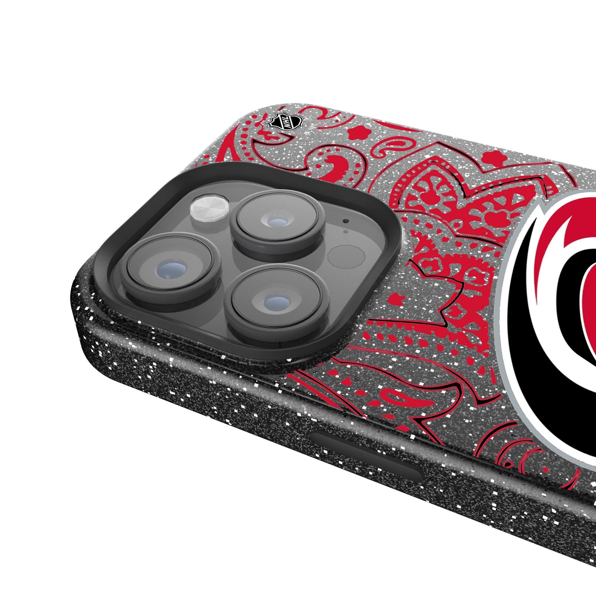 Alt View 3. Keyscaper - Black Carolina Hurricanes Paisley Bling iPhone Case - 15 Plus - Black.