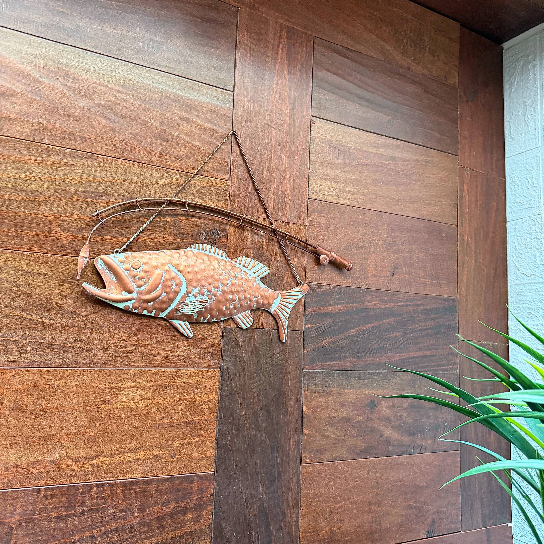 Alt View 6. Zeckos - Largemouth Bass Metal Wall Hanging Rustic Copper Fish Decor 15 in Long - Copper, Green.